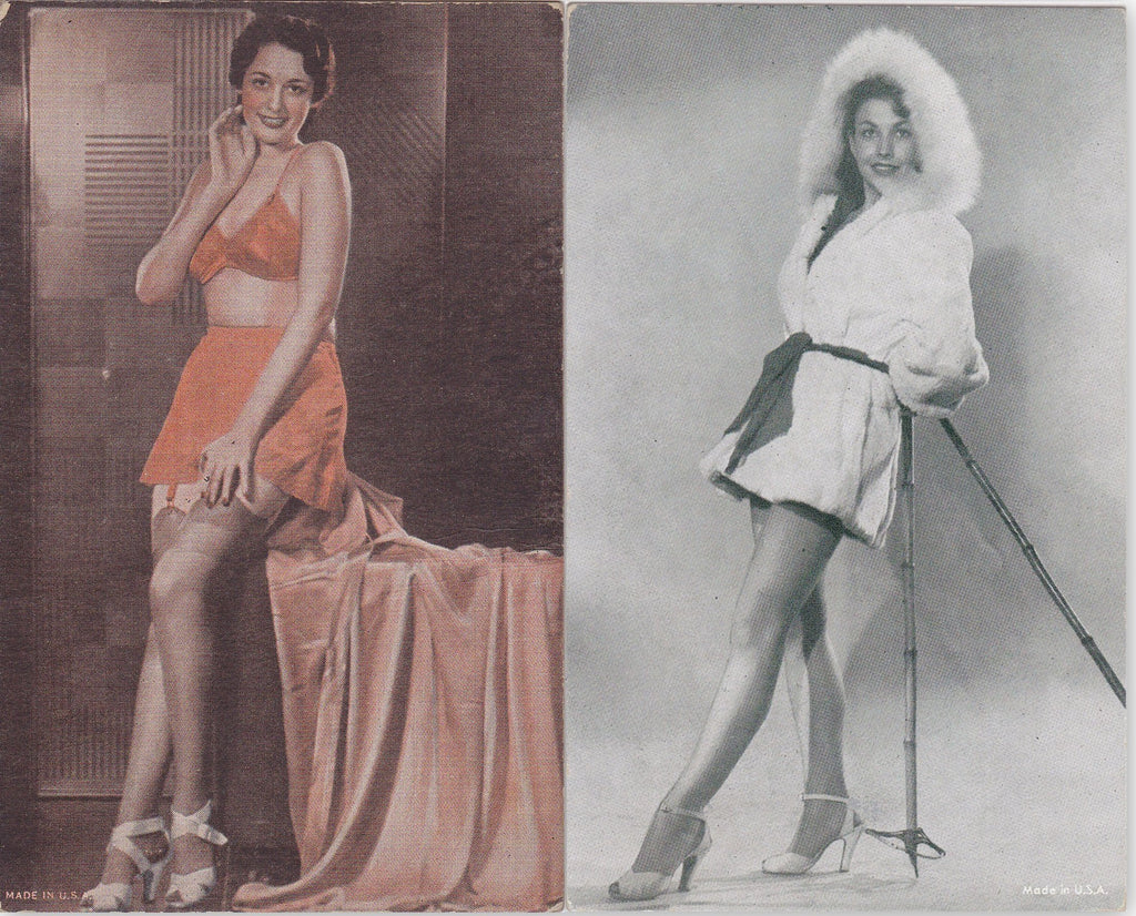 Summer and Winter- 1940s Vintage Arcade Cards- SET of 2- Pin-Up Girls- Skiing Beautiful Woman