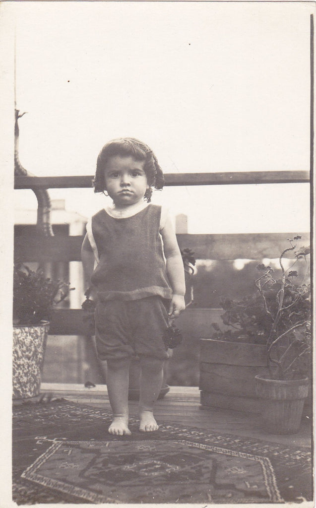 Barefoot Kiddo- 1900s Antique Photograph- Edwardian Boy- Hair in Ringlets- Real Photo Postcard- RPPC- Found Photo- Paper Ephemera