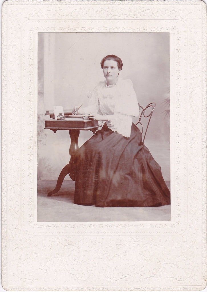 Letter Writer- 1890s Antique Photograph- Victorian Woman- Writing Desk- Cabinet Photo- Pen and Ink- 19th Century Portrait- Found Photo