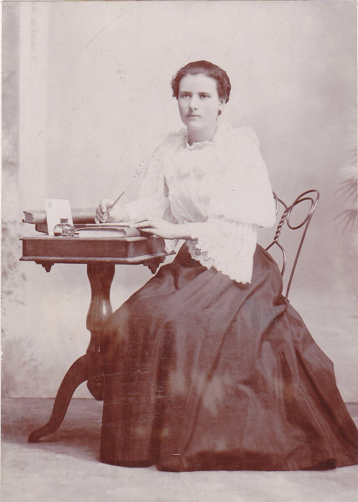 Letter Writer- 1890s Antique Photograph- Victorian Woman- Writing Desk- Cabinet Photo- Pen and Ink- 19th Century Portrait- Found Photo