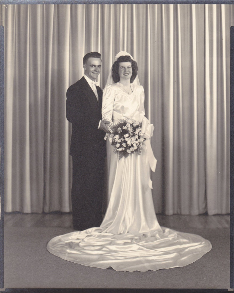 White Satin Wedding- 1940s Vintage Photographs- SET of 2- Bride and Groom- Bridal Party- 8 x 10 Portraits- Vernacular Photos- Paper Ephemera