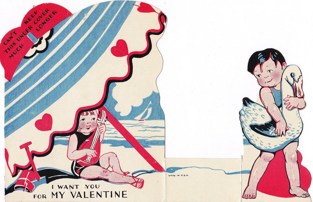 Can't Keep This Under Cover Much Longer- 1930s Vintage Valentine Card- Inflatable Swan- I Want You- Used