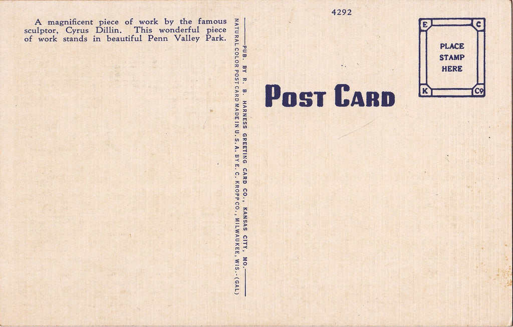The Scout- 1940s Vintage Postcard- Penn Valley Park, Kansas City, MO- Cyrus Dillin- Sioux Indian Statue- Native American- Souvenir- E. C. Kropp