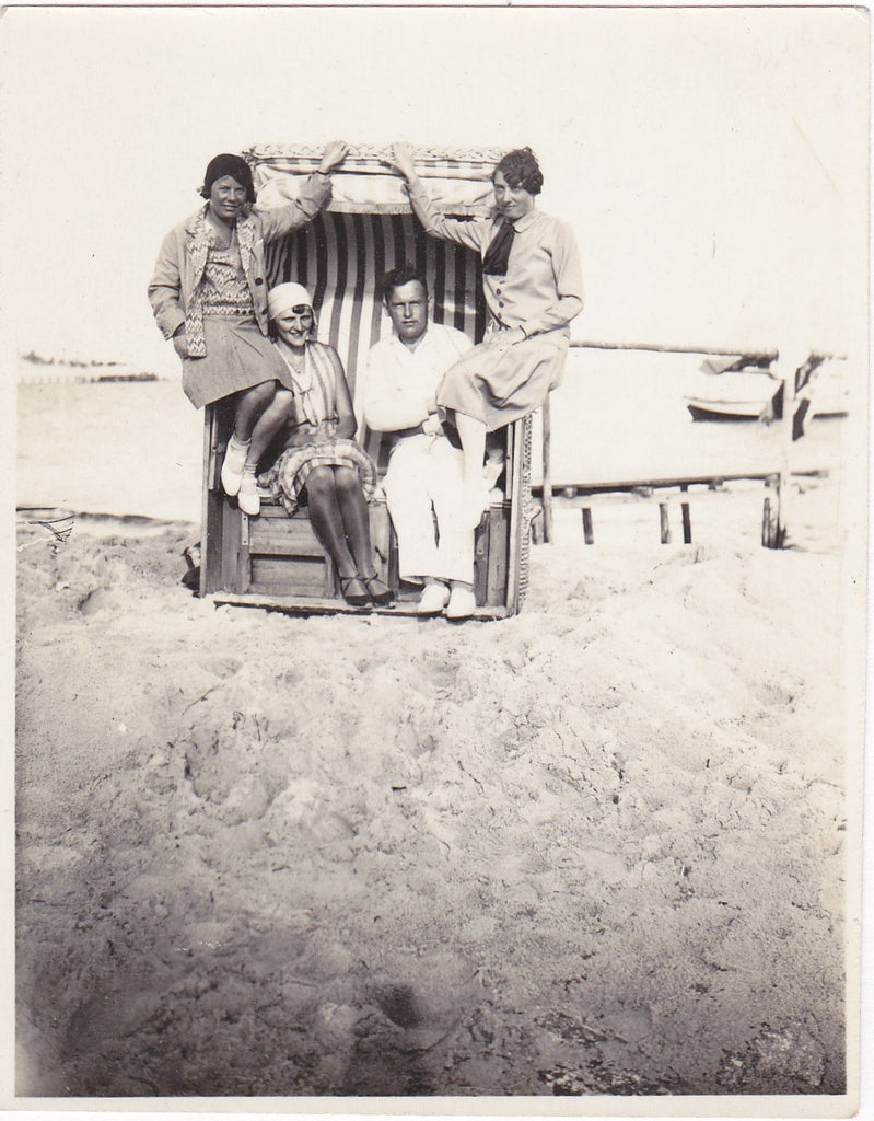 Strandkorb- 1930s Vintage Photograph- German Beach Chair- Friends Snapshot- Found Photo- Group Picture- Vernacular