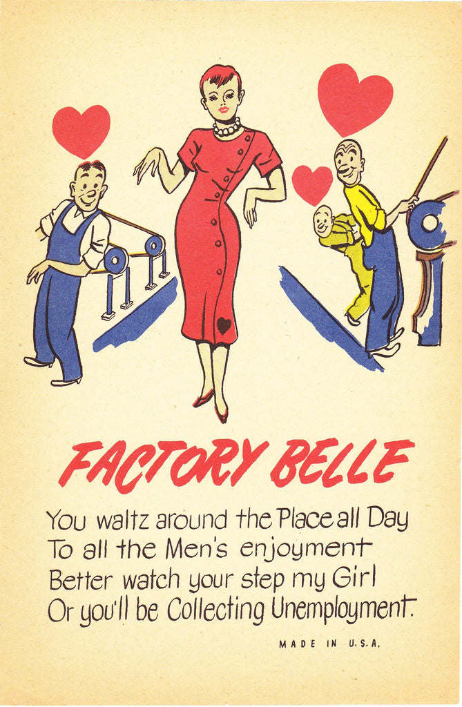 Factory Belle- 1940s Vintage Card- Vinegar Valentine- Men's Enjoyment- Unemployment- WW2 Factory Girl- WWII Pin Up Comic