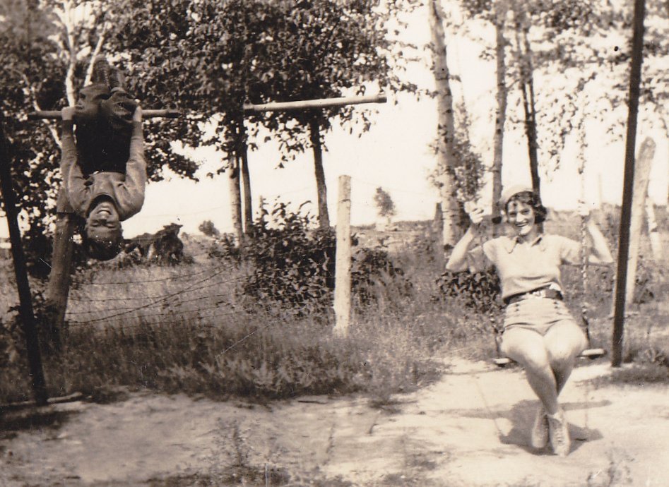 Swinging Both Ways- 1940s Vintage Photograph- Hanging Upside Down- Swing Set- Found Photo- Vernacular Snapshot
