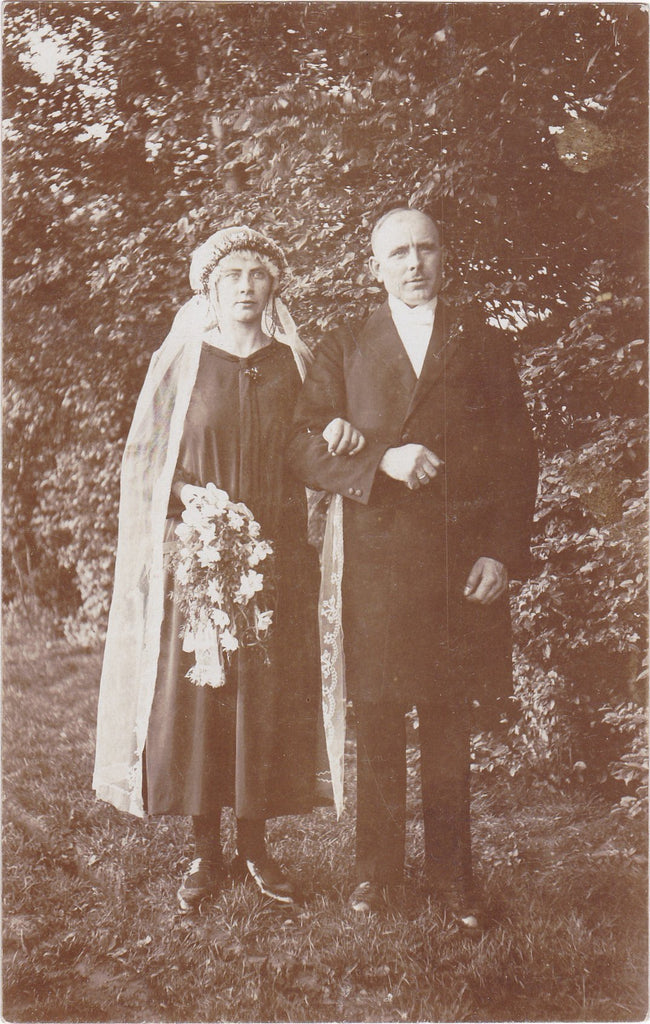 Blasheim Bride- 1920s Antique Photograph- Bride and Groom- German Wedding Portrait- Long Veil- RPPC- Real Photo Postcard- Found Photo