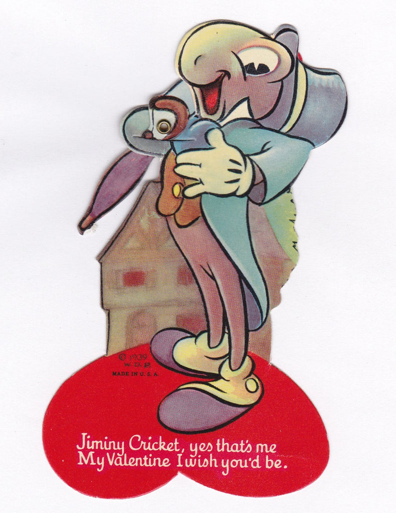 Jiminy Cricket - 1930s Vintage Card- 1939 Walt Disney Valentine- Pinocchio- Conscience- Voice in Your Ear- Mechanical Card- Used