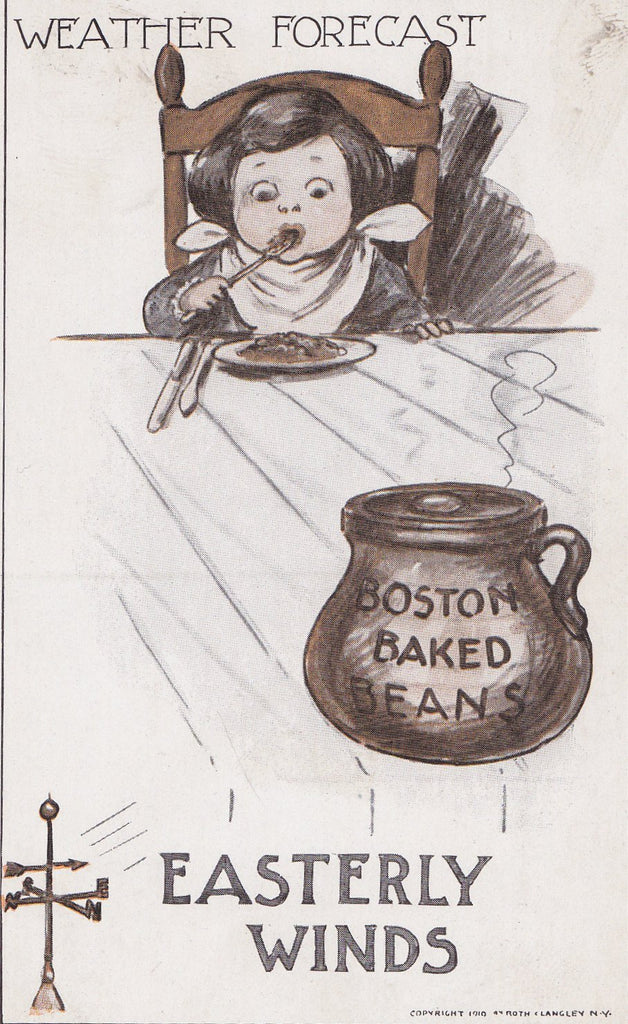 Boston Weather Forecast- 1910s Antique Postcard- Boston Baked Beans- Easterly Winds- Roth Langley- Fart Joke- Art Comic- Unused