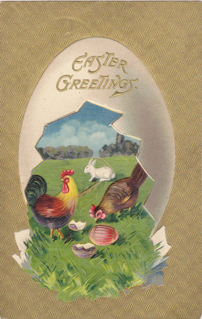 Easter Egg Greetings- 1900s Antique Postcard- Easter Bunny- Rooster and Hen- Edwardian Easter- Embossed- Used