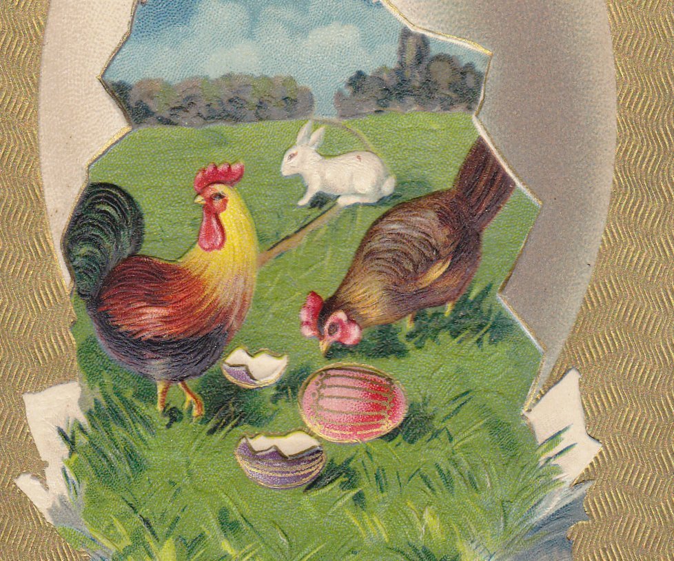 Easter Egg Greetings- 1900s Antique Postcard- Easter Bunny- Rooster and Hen- Edwardian Easter- Embossed- Used