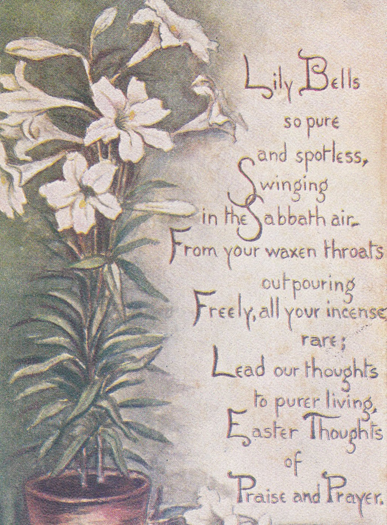 Lily Bells So Pure- 1900s Antique Postcard- Easter Thoughts- Easter Sabbath Poem- Lily Flower Prayer- Sandford Card Co- Used