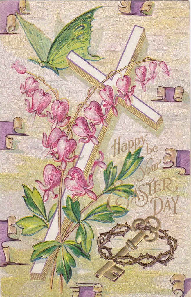 Eastertide Greetings- 1910s Antique Postcards- SET of 2- Edwardian Easter- Butterfly and Flowers- Crown of Thorns- Easter Cross- Embossed