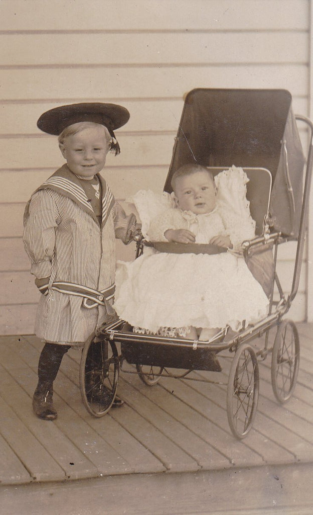 Edwardian Sailor Boy- 1900s Antique Photograph- Nautical Outfit- Baby Carriage- Edwardian Children- Real Photo Postcard- RPPC- Found Photo