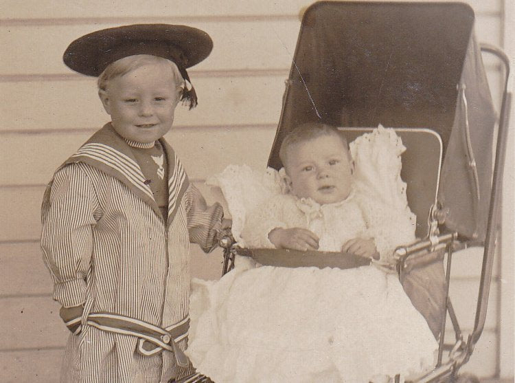 Edwardian Sailor Boy- 1900s Antique Photograph- Nautical Outfit- Baby Carriage- Edwardian Children- Real Photo Postcard- RPPC- Found Photo