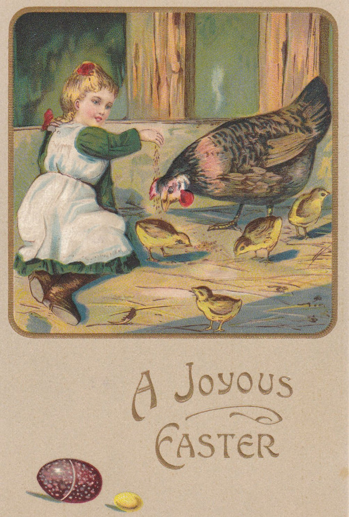 Joyous Easter Chickens- 1900s Antique Postcard- Edwardian Easter Card- Chicken Coop- Feeding Birds- Schleuder Paper Co- Embossed- Used