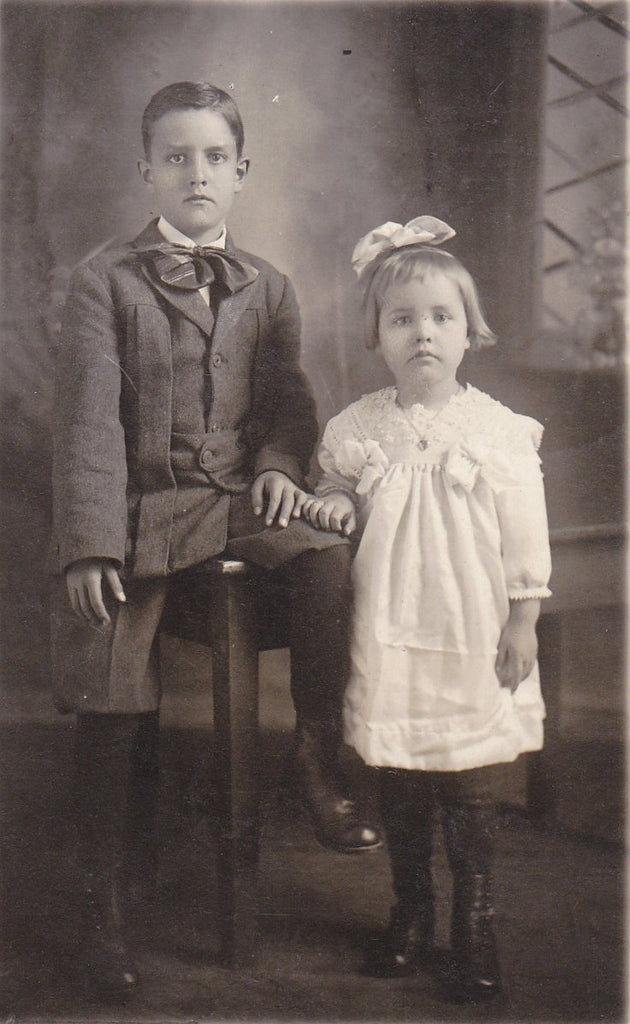 Brother and Sister- 1910s Antique Photograph- Edwardian Children- Sedalia, MO- RPPC- Real Photo Postcard- Found Photo- Paper Ephemera