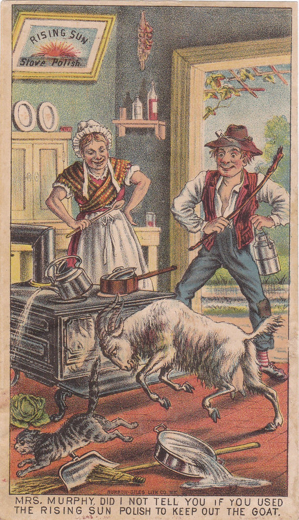 Keep Out the Goat- 1880s Trade Card- Rising Sun Stove Polish- Burrow Giles Lith Co- Lithograph- Victorian Advertising- Paper Ephemera