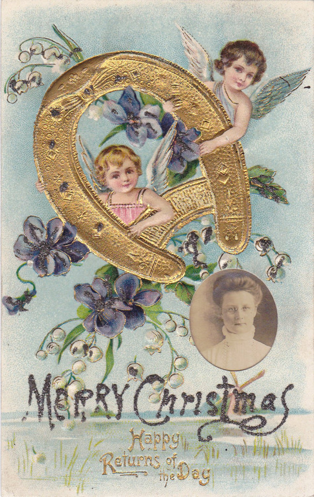 Happy Returns of Christmas Day- 1900s Antique Altered Postcard- Golden Horseshoe- Gem Photo- Found Art- Edwardian- Embossed