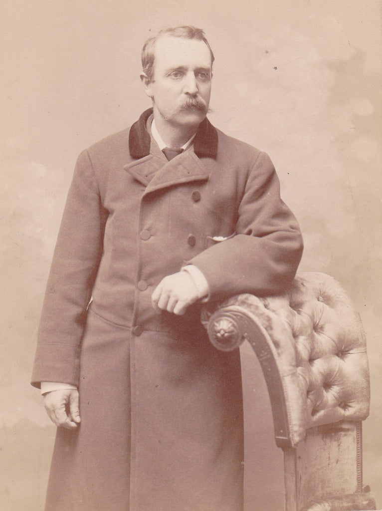 With Velvet Chair- 1800s Antique Photograph- Victorian Man- Walrus Mustache- Elmira, NY- J E Larkin- Cabinet Photo- 19th Century Portrait