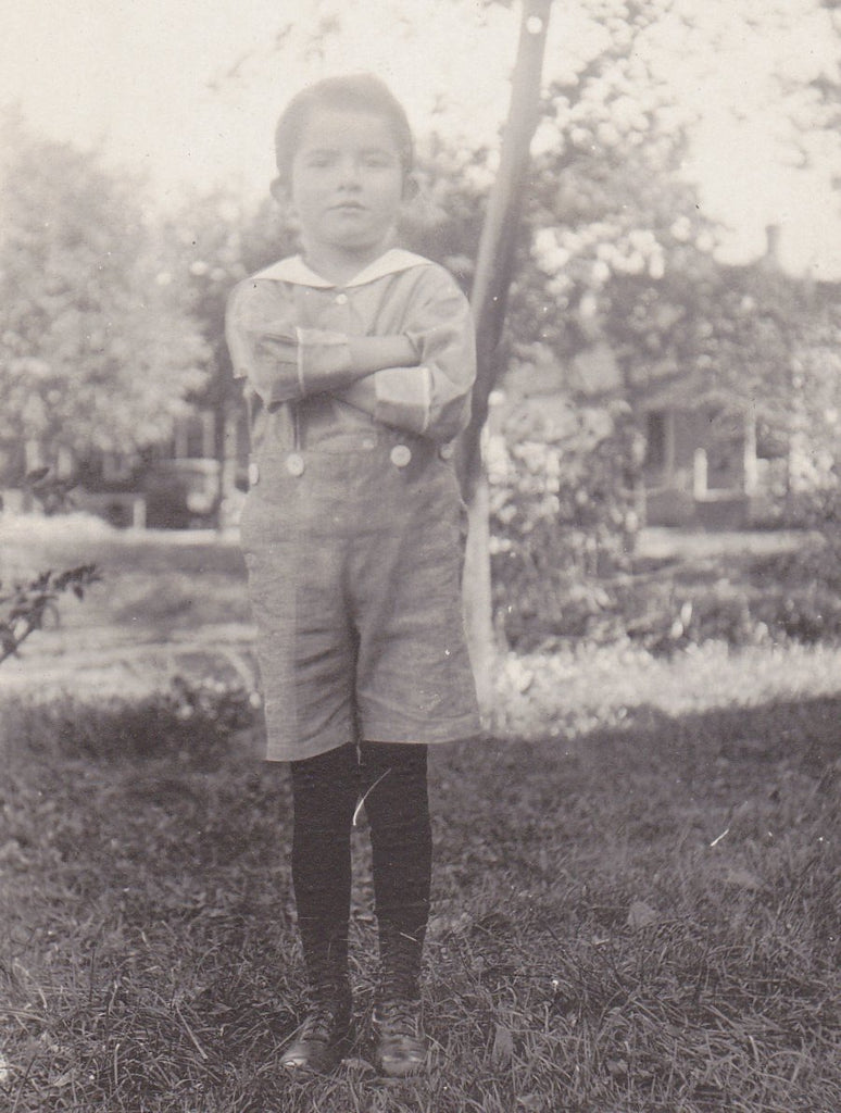 Reluctant Sailor Boy- 1910s Antique Photograph- Edwardian Child- Nautical Outfit- Arms Crossed- RPPC- Real Photo Postcard- Found Photo