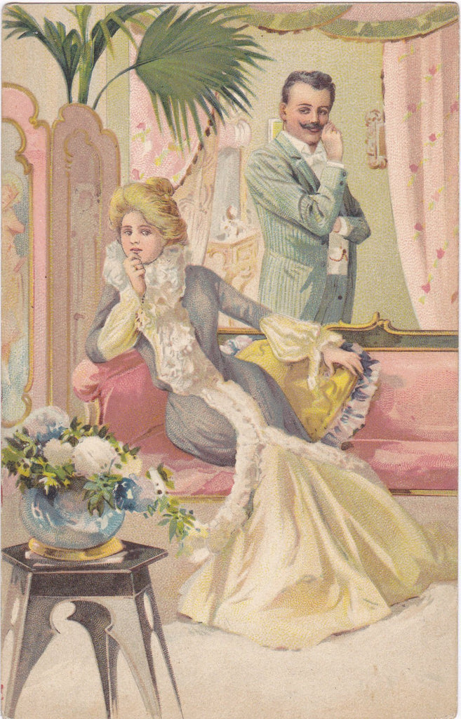 The Proposal- 1900s Antique Postcard- Edwardian Romance- Engagement- Thinking About It- Unused