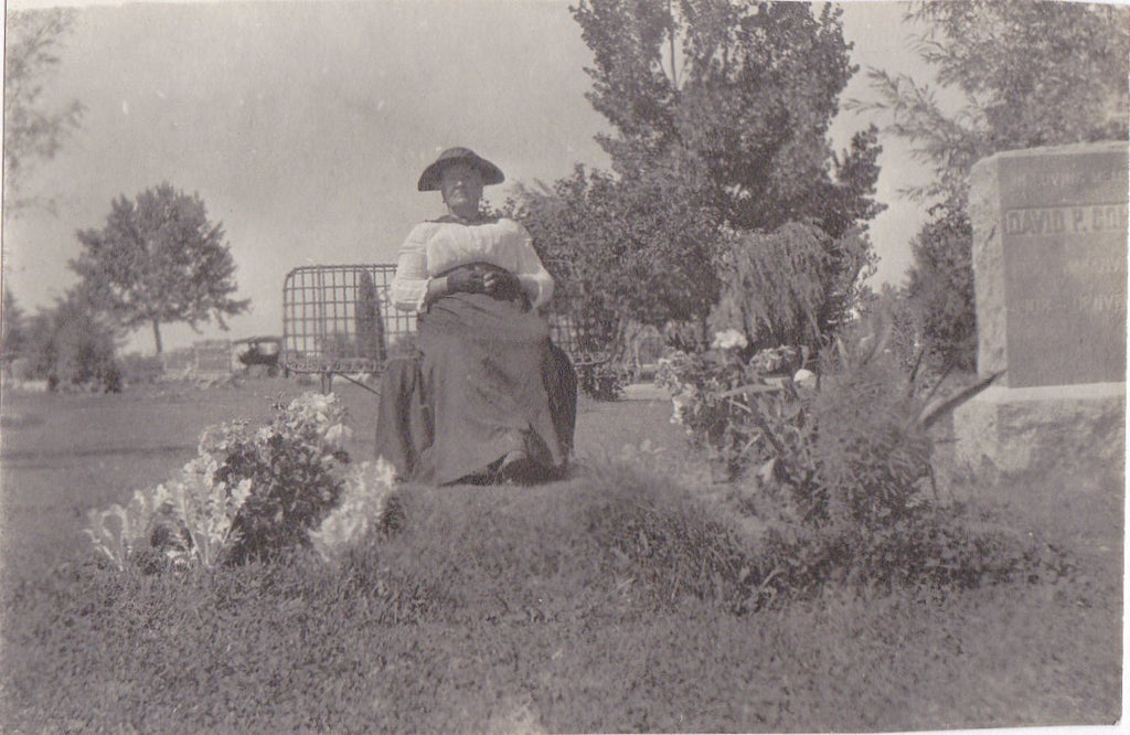 Cemetery Visit- 1910s Antique Photograph- Wrought Iron Bench- Headstone- Graveside- Found Photo- Mourning Ephemera- Vernacular Snapshot