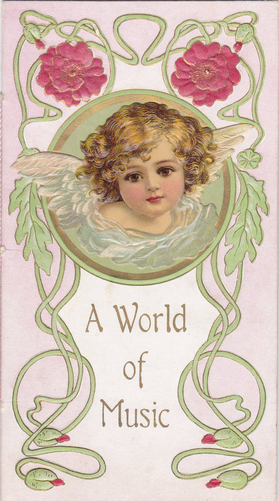 A World Of Music- 1800s Antique Booklet- For You and Me- Victorian Love Poem- Art Nouveau- Lithograph Art Card- Cherub Angel- Paper Ephemera