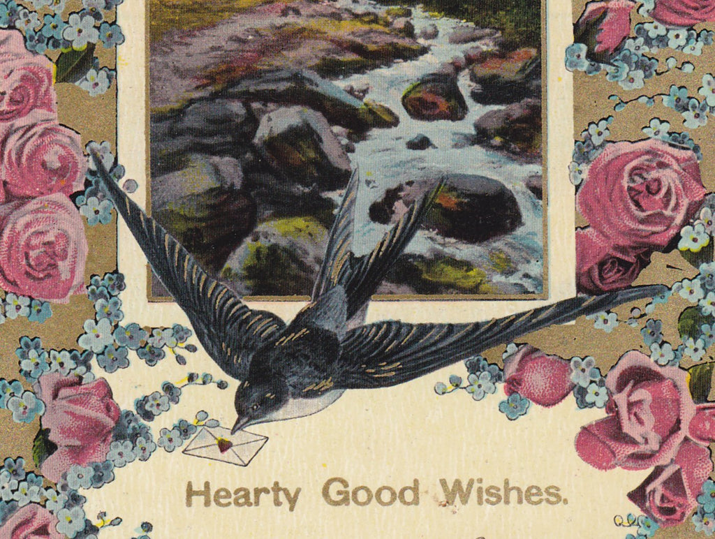 Hearty Good Wishes- 1910s Antique Postcard- Barn Swallow- Bird and Flowers- Roses, Forget-me-nots- Theochrom- Love- Edwardian Birthday- Thodore Eismann