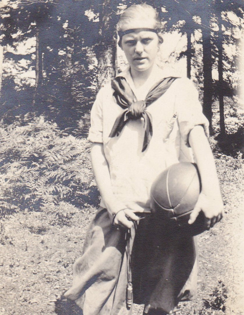 Outdoor Athletics- 1920s Antique Photograph- Medicine Ball- Edwardian Gym Uniform- School Girl- Found Photo- Snapshot- Vernacular