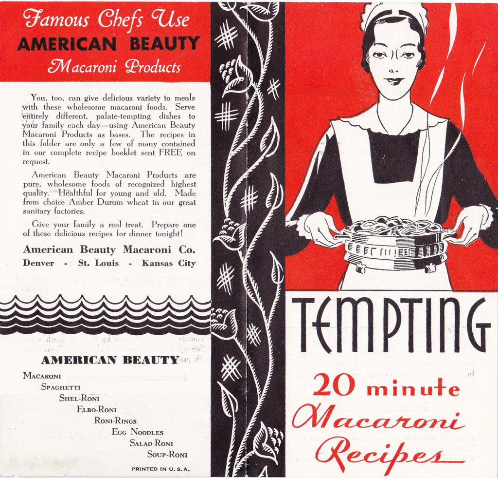 Tempting 20 Minute Macaroni- 1920s Antique Brochure- American Beauty Macaroni Products- Advertisement- Recipes- Waitress- Paper Ephemera