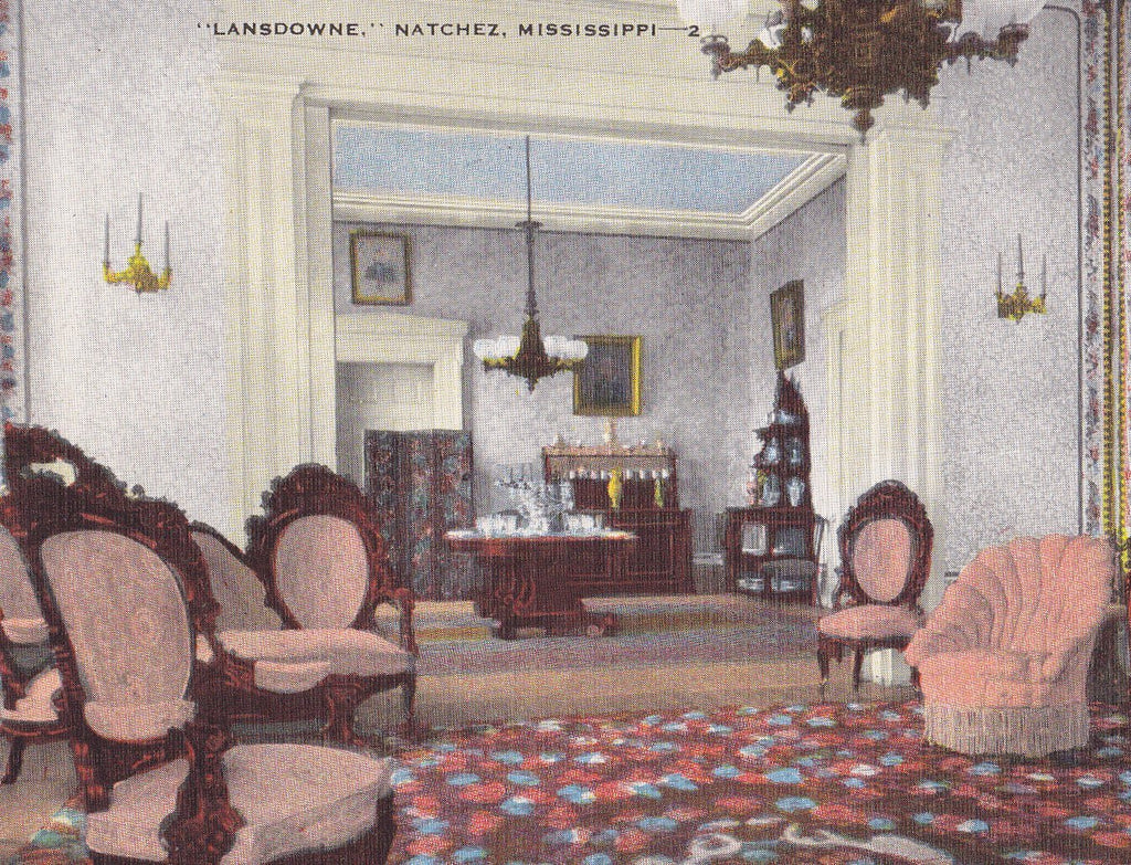 Lansdowne Plantation- 1940s Vintage Postcard- Natchez, MS- George M Marshall- Historic Mansion- Interior View- E C Kropp