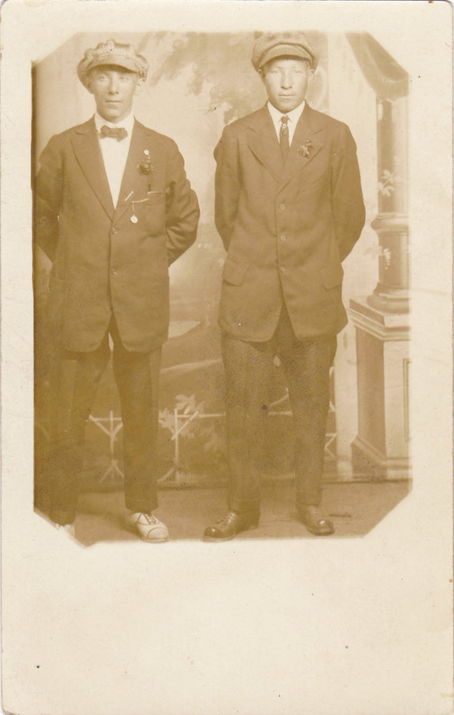 Dandy Duo- 1910s Antique Photograph- Edwardian Dandy- Handsome Men- Found Photo Brothers- Real Photo Postcard AZO RPPC- Paper Ephemera
