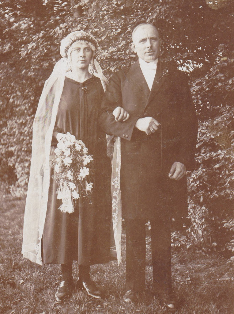 Blasheim Bride- 1920s Antique Photograph- Bride and Groom- German Wedding Portrait- Long Veil- RPPC- Real Photo Postcard- Found Photo