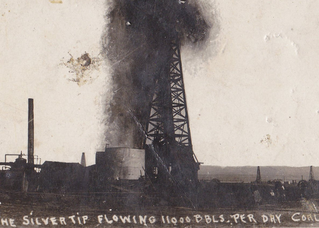 Silver Tip Oil Well- 1900s Antique Photograph- Coalinga, CA- Sept. 22, 1909- Cyko RPPC- Real Photo Postcard- Oil Gusher History