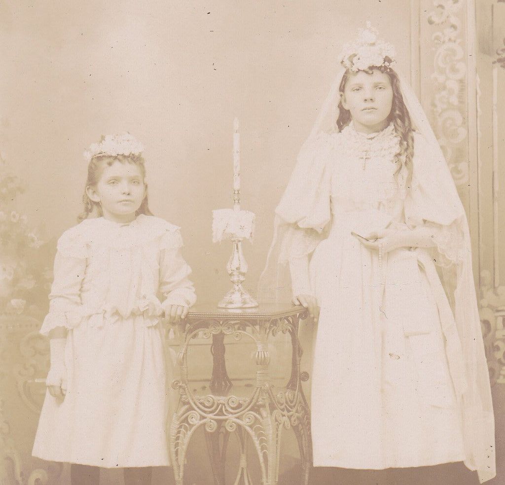 Confirmation Girls- 1800s Antique Photograph- Victorian Sisters- Fredonia Station, Wisconsin- Old Cabinet Photo- Portrait- Photographer J. Sampson