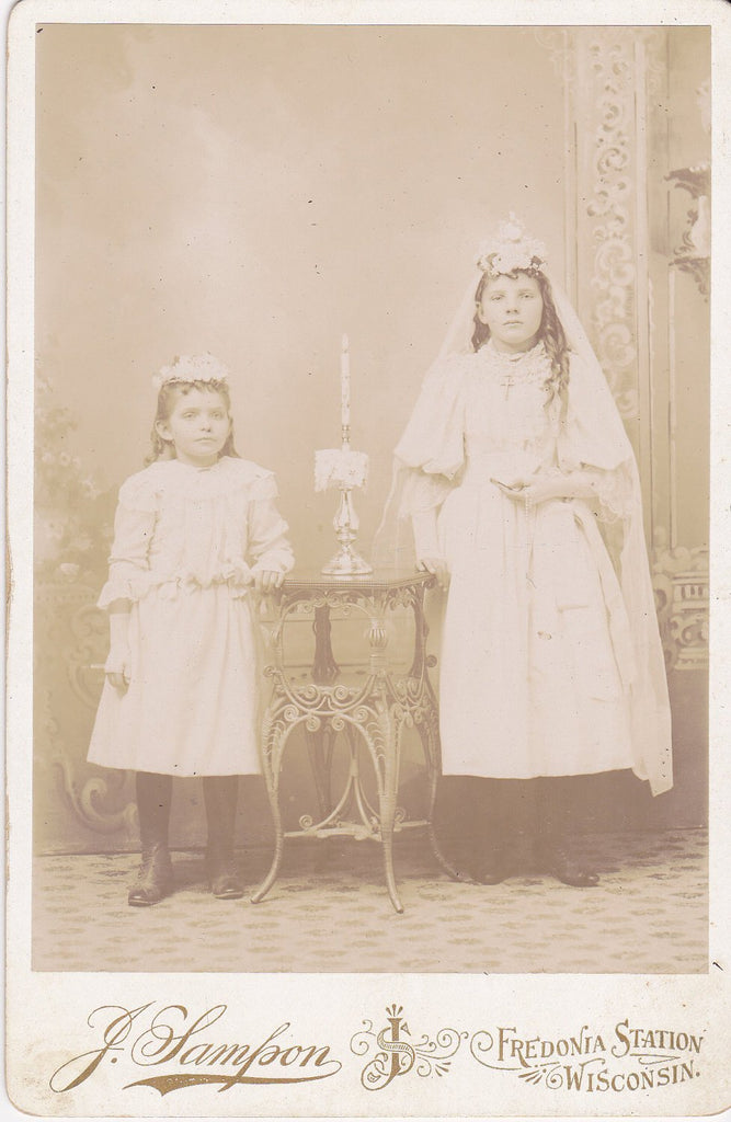 Confirmation Girls- 1800s Antique Photograph- Victorian Sisters- Fredonia Station, Wisconsin- Old Cabinet Photo- Portrait- Photographer J. Sampson