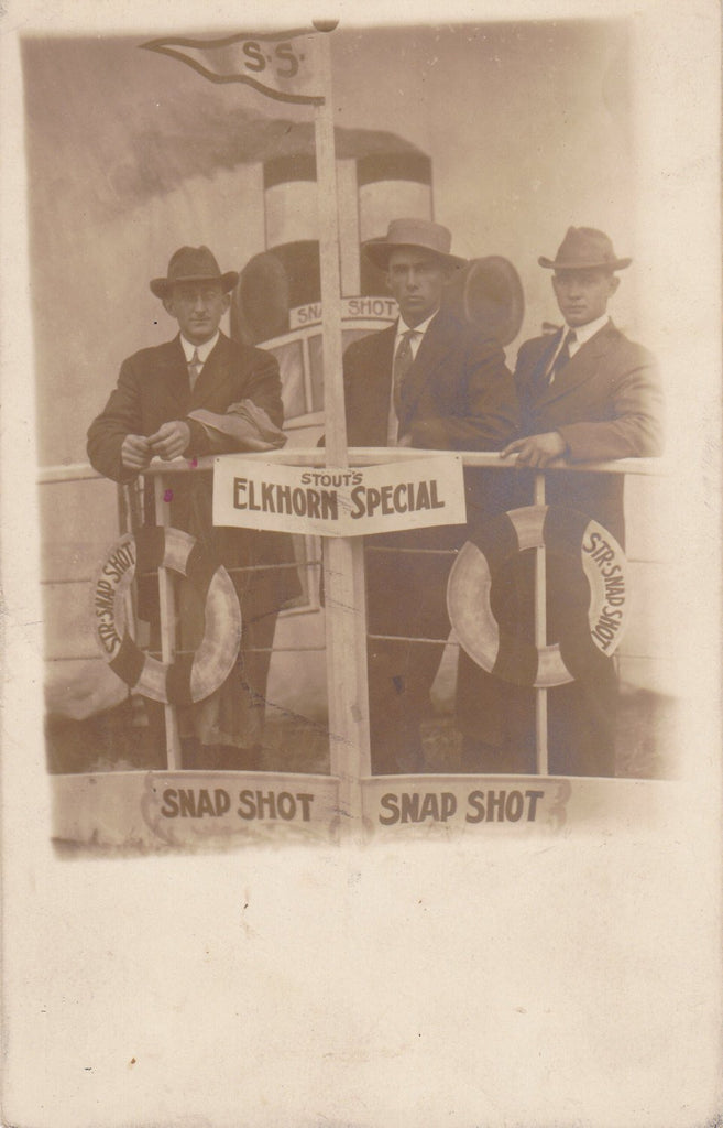 S.S. Snapshot- 1900s Antique Photograph- Stout's Elkhorn Special- Edwardian Novelty Portrait-  Real Photo Postcard- RPPC