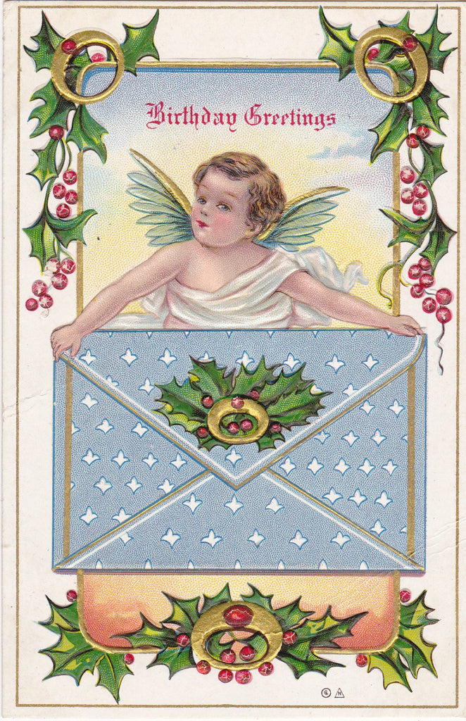 Christmas Angel- 1900s Antique Postcard- Christmas Birthday- Winter Decor- December Birthday- Cherub Art- Birthday Series- Used