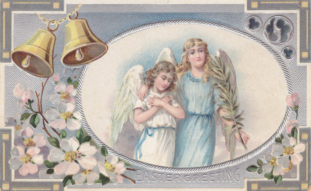 Easter Angels- 1910s Antique Postcard- Dogwood Flowers- Palm Frond- Church Bells- Edwardian Easter- Art Nouveau- Embossed- Used