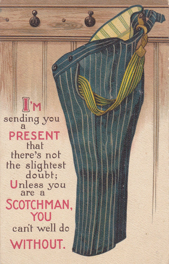 Can't Do Without Pants- 1910s Antique Postcard- Unless You Are A Scotchman- Scottish Joke- Old Art Comic- B B London- Used