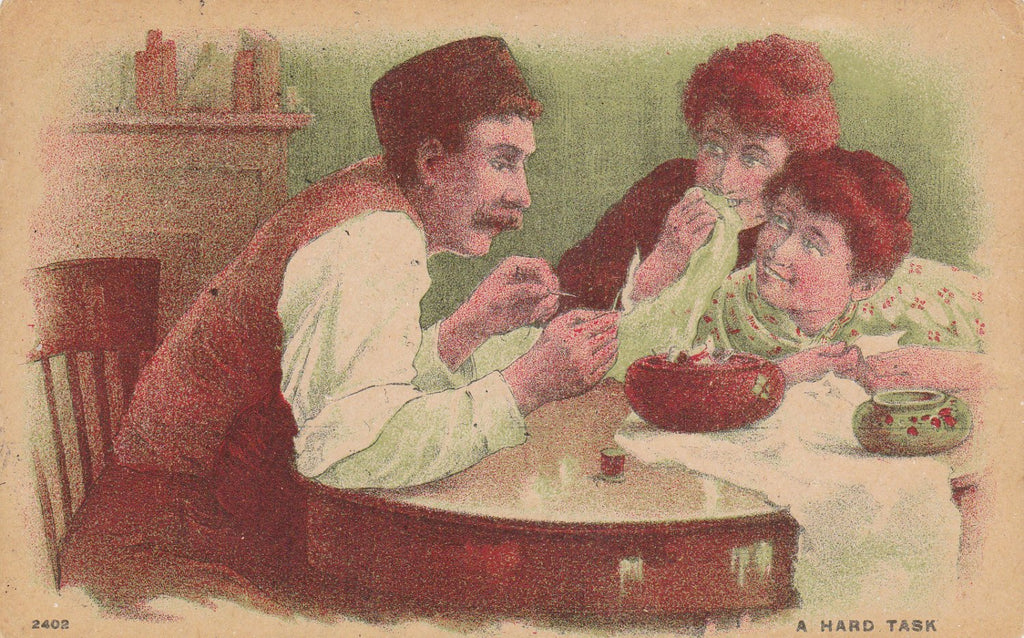 Not Sew Easy- 1900s Antique Postcard- Man Attempting to Thread a Needle- Giggling Girls- Old Art Comic- Edwardian Decor- Used