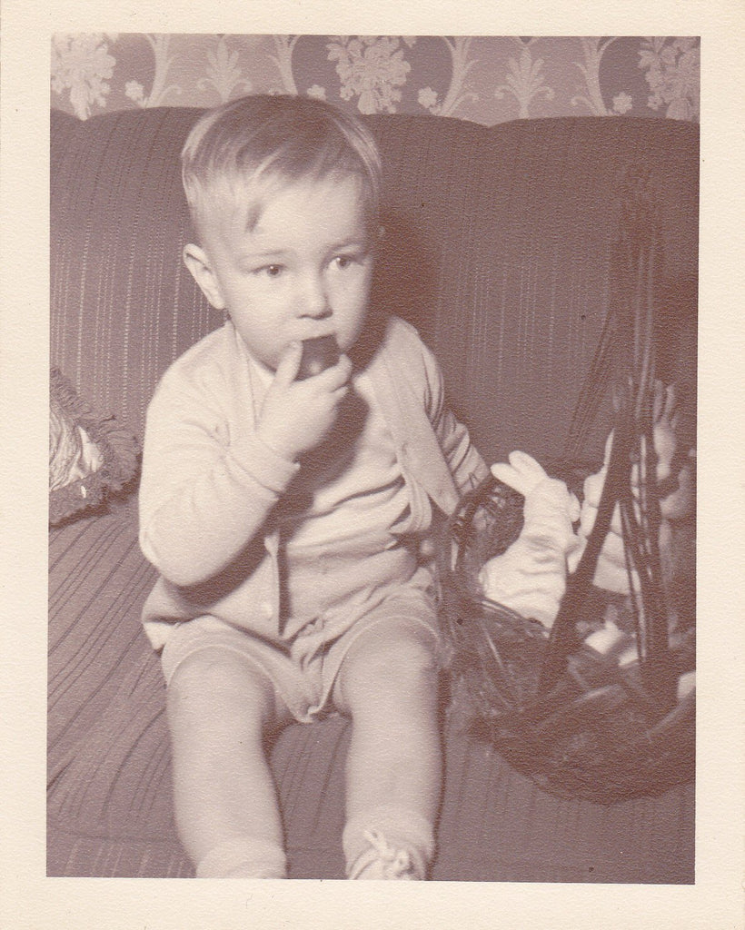 Chocolate Easter Egg- 1950s Vintage Photograph- Basket of Goodies on the Couch- Bunny Rabbits- Found Photo- Photo- Snapshot- Ephemera