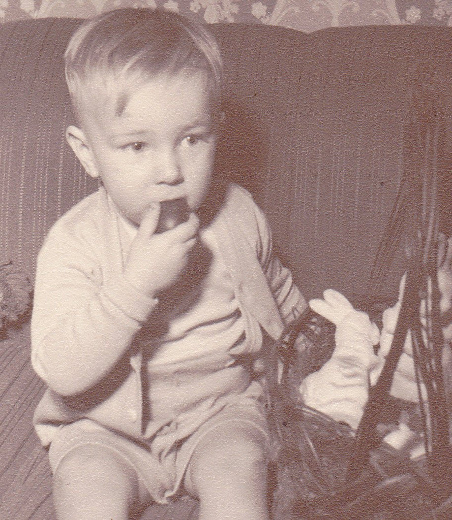Chocolate Easter Egg- 1950s Vintage Photograph- Basket of Goodies on the Couch- Bunny Rabbits- Found Photo- Photo- Snapshot- Ephemera