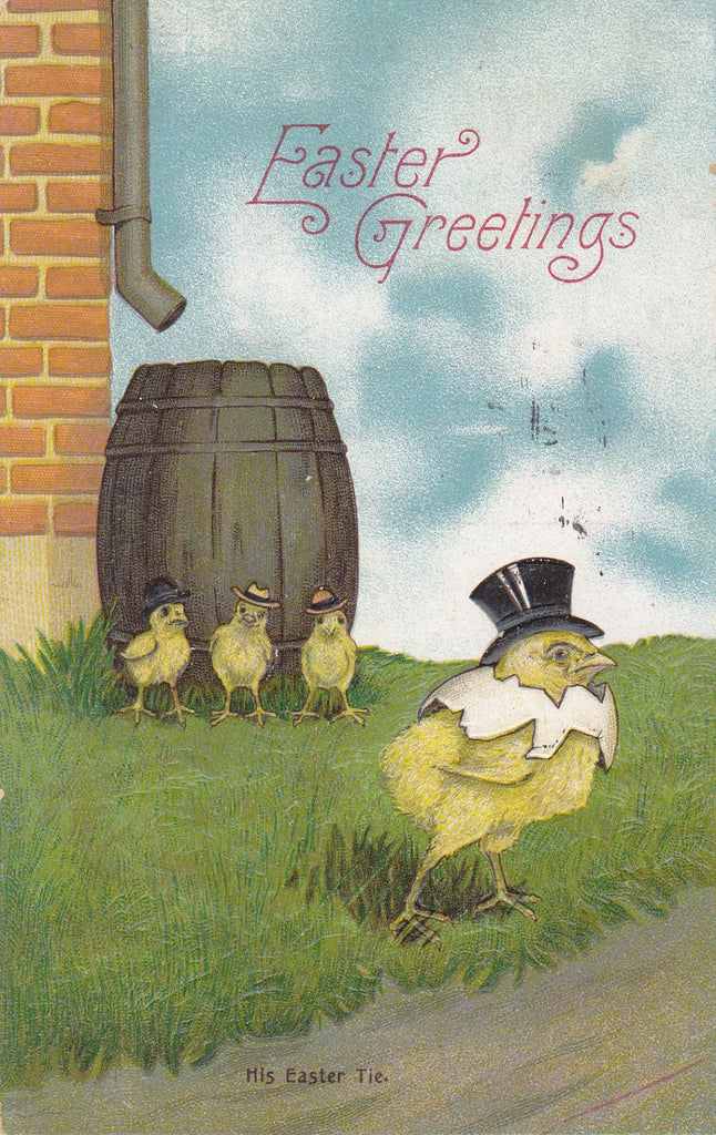 His Easter Tie- 1910s Antique Postcard- Gentleman Chicks in Hats- Easter Greetings- Hatchling Egg Shell- Anthropomorphic- Embossed