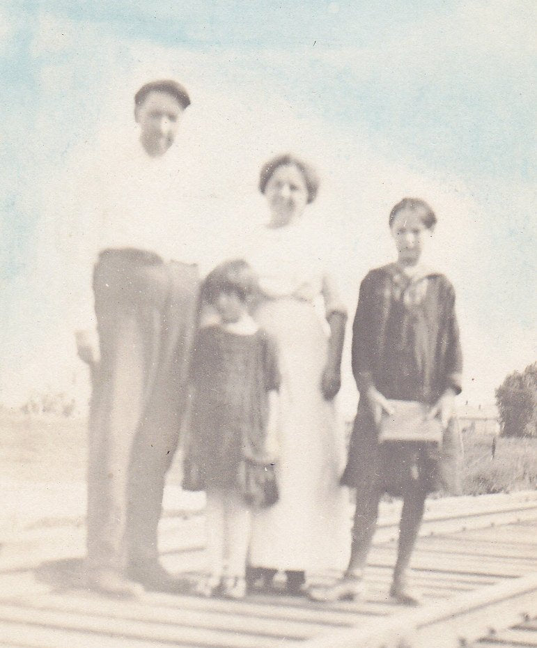 Right on Track- 1910s Antique Photograph- Family Posing on Train Tracks- Hand Tinted- Blue Sky- Real Photo Postcard- AZO RPPC