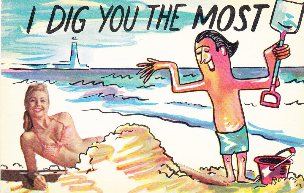 I Dig You The Most- 1960s Vintage Postcard- One Armed Woman- Beach Bikini Beauty- Buried in Sand- Retro Plastichrome Comic- Unused