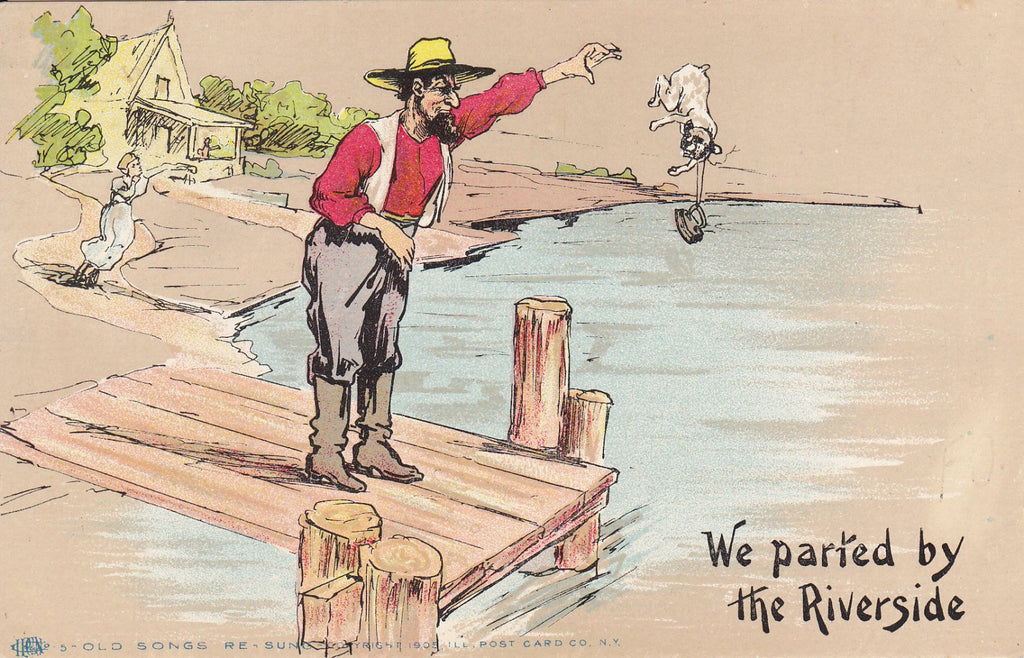 We Parted By The Riverside- 1900s Antique Postcard- Farmer Throwing Dog in River- Old Songs Re-Sung- Strange- Art Comic- Dark Humor- Used