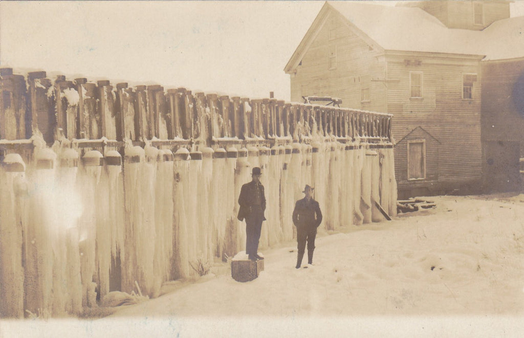 Frozen Lake Sea Wall- 1900s Antique Photograph- Winter Weather in Wisconsin- Freezing Cold- Edwardian Men- Real Photo Postcard- Cyko RPPC