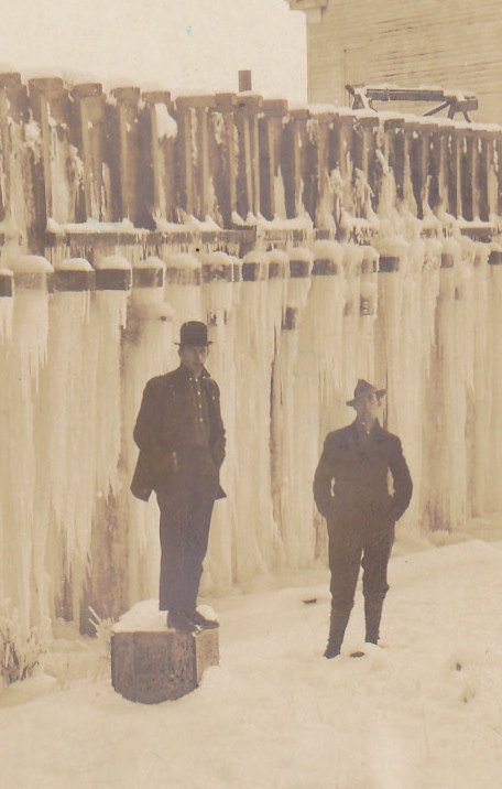 Frozen Lake Sea Wall- 1900s Antique Photograph- Winter Weather in Wisconsin- Freezing Cold- Edwardian Men- Real Photo Postcard- Cyko RPPC